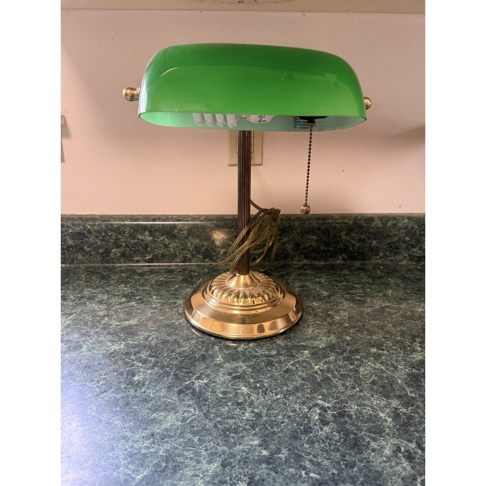 Vintage Bankers Brass Office Table Desk Lamp Cased Green Glass Shade